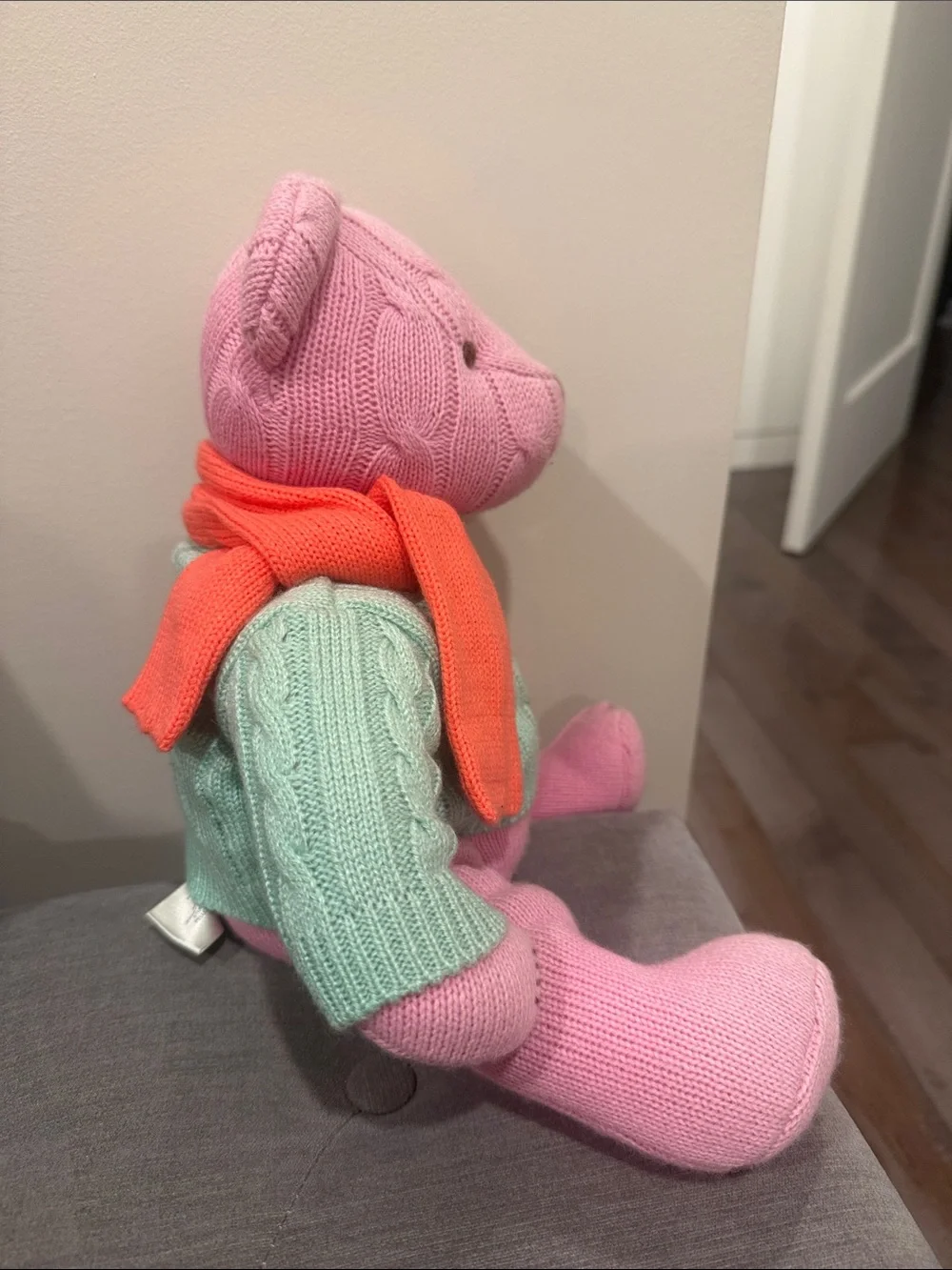 Ralph Lauren Pink Knit Teddy with Mint Sweater and Bright Salmon Color Scarf